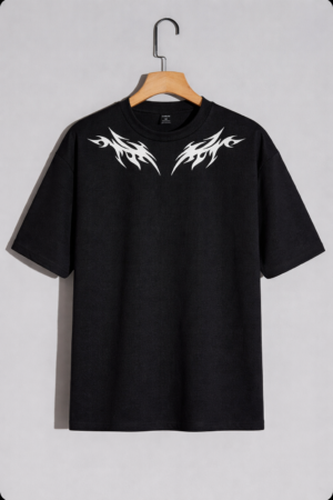Men's Stylish Black Oversized Cotton Blend T-Shirt with White Tribal Graphic Print
